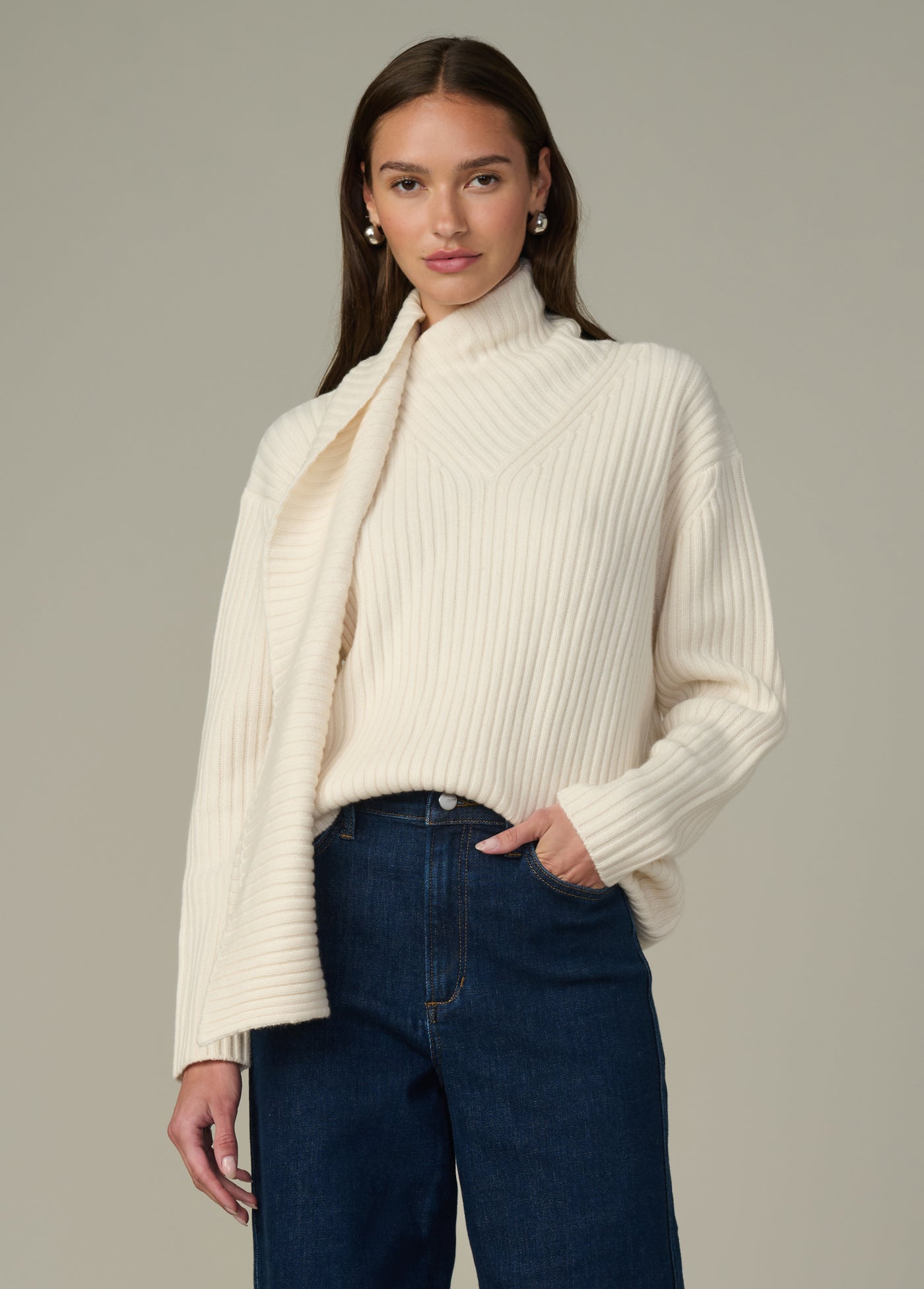 The Noa Scarf Sweater | Cozy Ribbed Knit Oversized Sweater Ecru