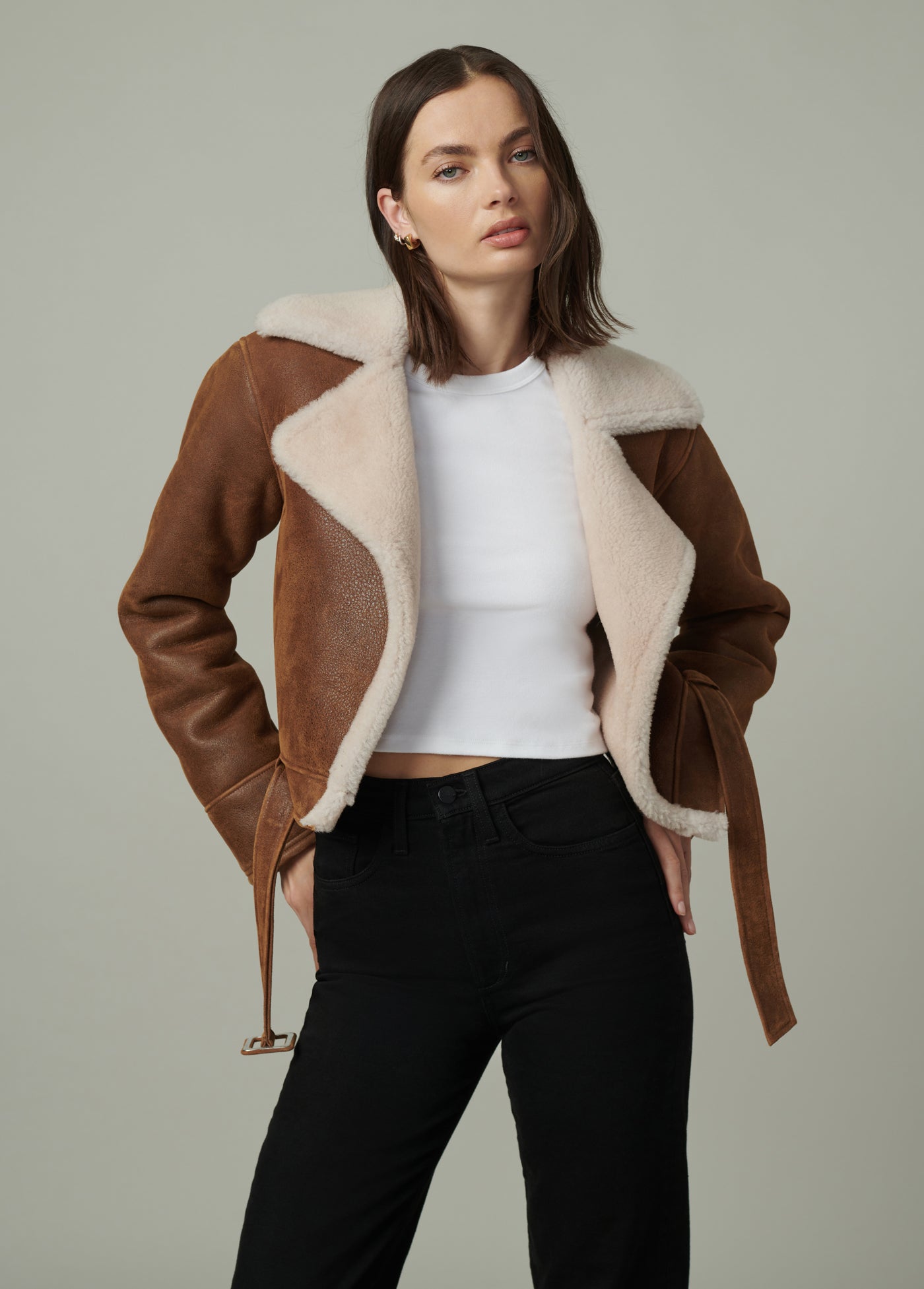 The Rey Cropped Shearling Jacket Cognac Ecru Size M by Joe s Jeans