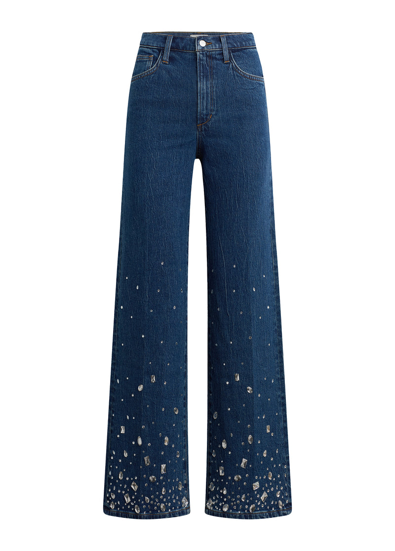 Mia Ankle Crystal Embellished Jeans | High Rise Wide Leg Denim