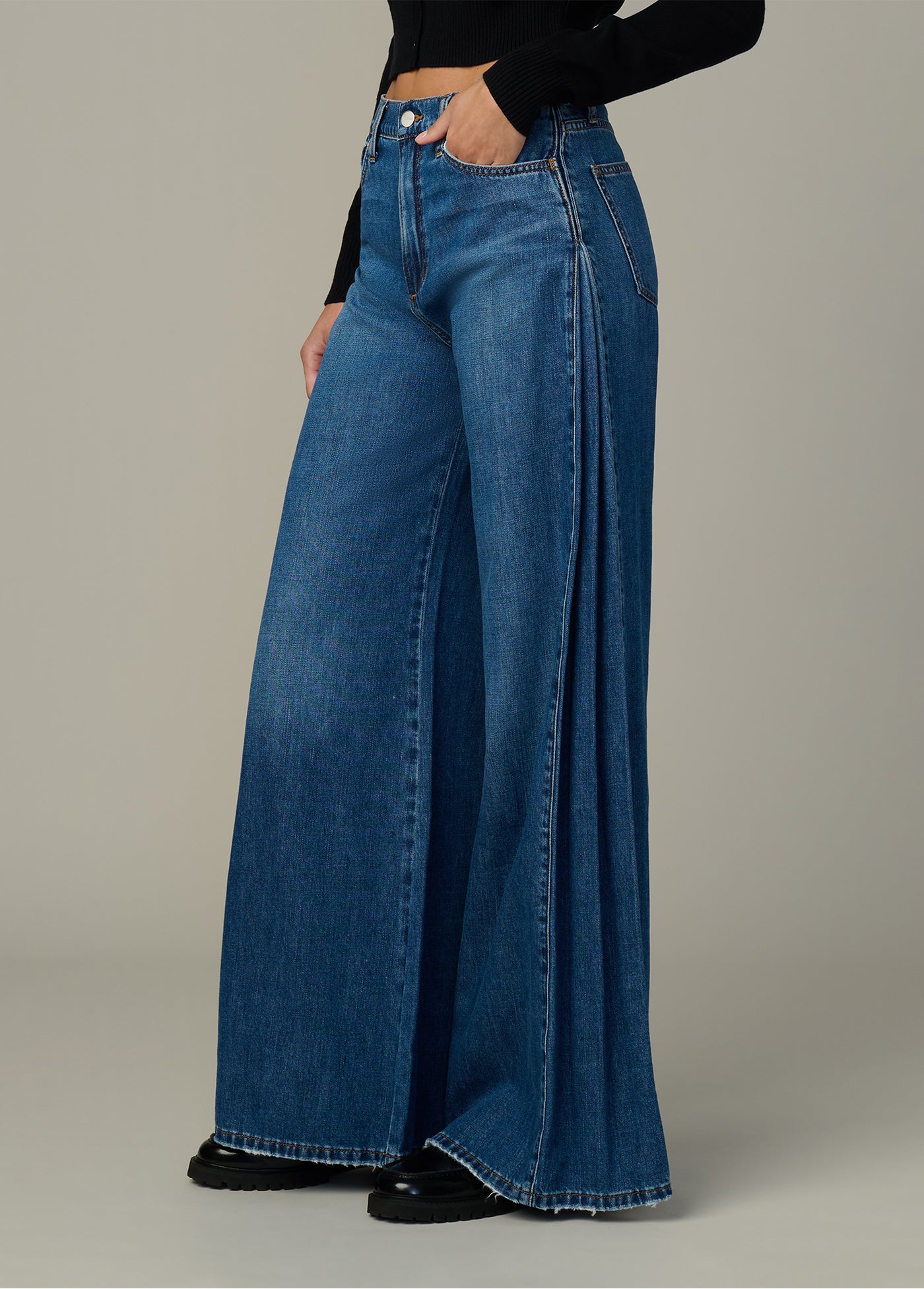 Side Pleat Jean | High Rise Wide Leg Fitted Waist Indigo Denim