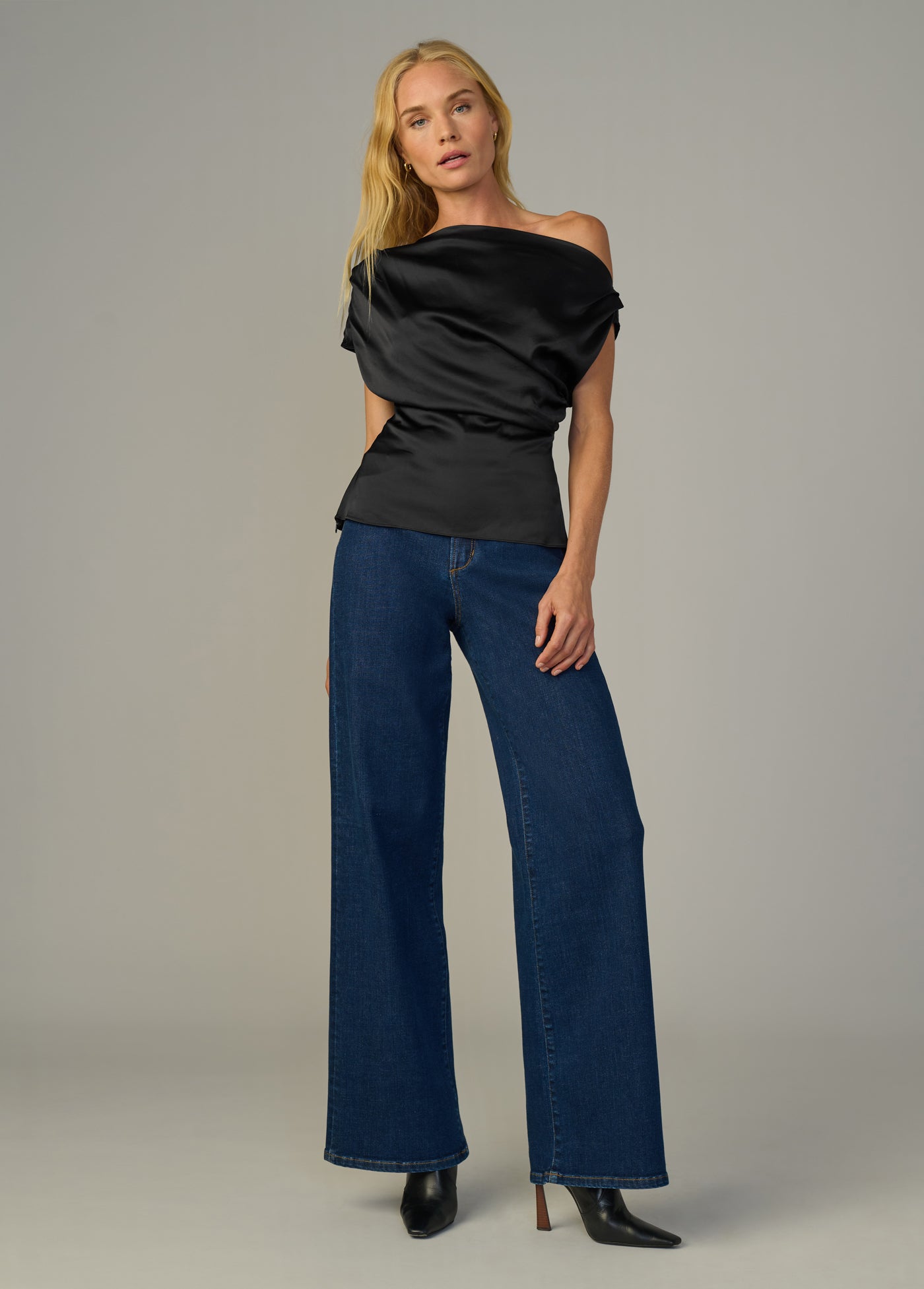 The Isla Draped Blouse | Black Satin Asymmetrical Pleated Top