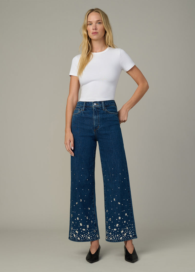 Mia Ankle Crystal Embellished Jeans | High Rise Wide Leg Denim