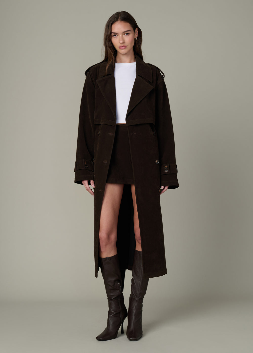 Elizabeth Vegan Suede Trench Coat Dark Chocolate Women's Winter
