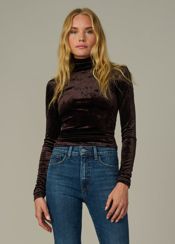 Velvet Tony Long Sleeve Top | Cacao Fitted Funnel Neck Velvet Knit