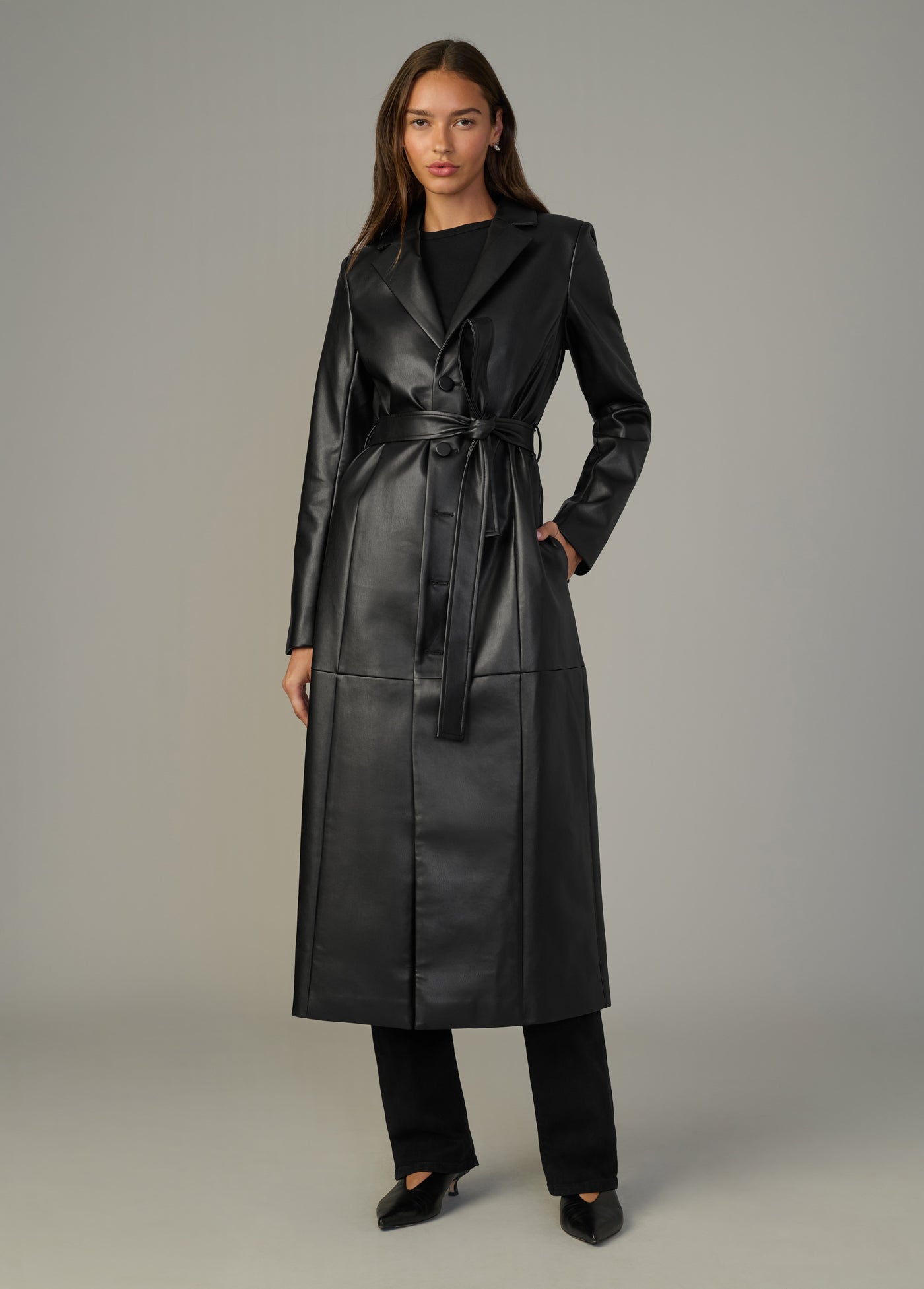 The Vegan Leather Long Coat | Matte Black Self-Tie Maxi Coat
