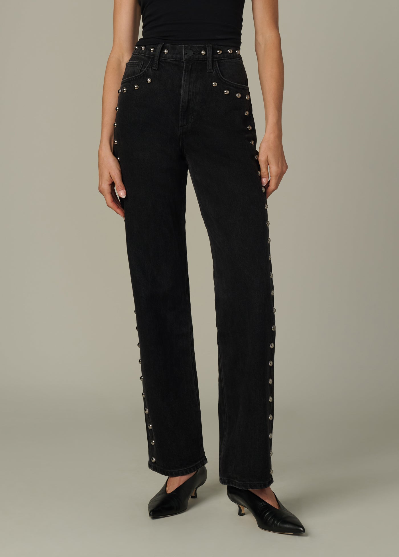 Margot Studded Straight Jeans | High-Rise Black Denim with Stud  