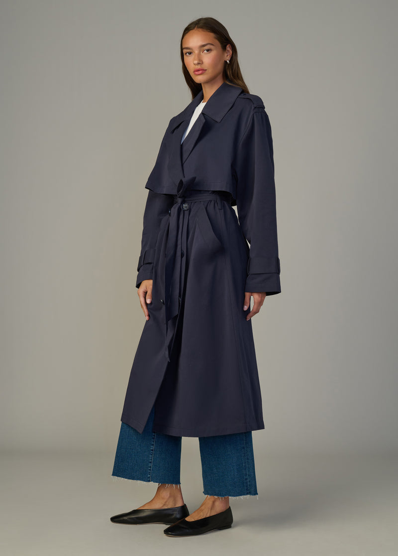The Elizabeth Trench Coat | Classic Navy Twill Coat with Waist Tie