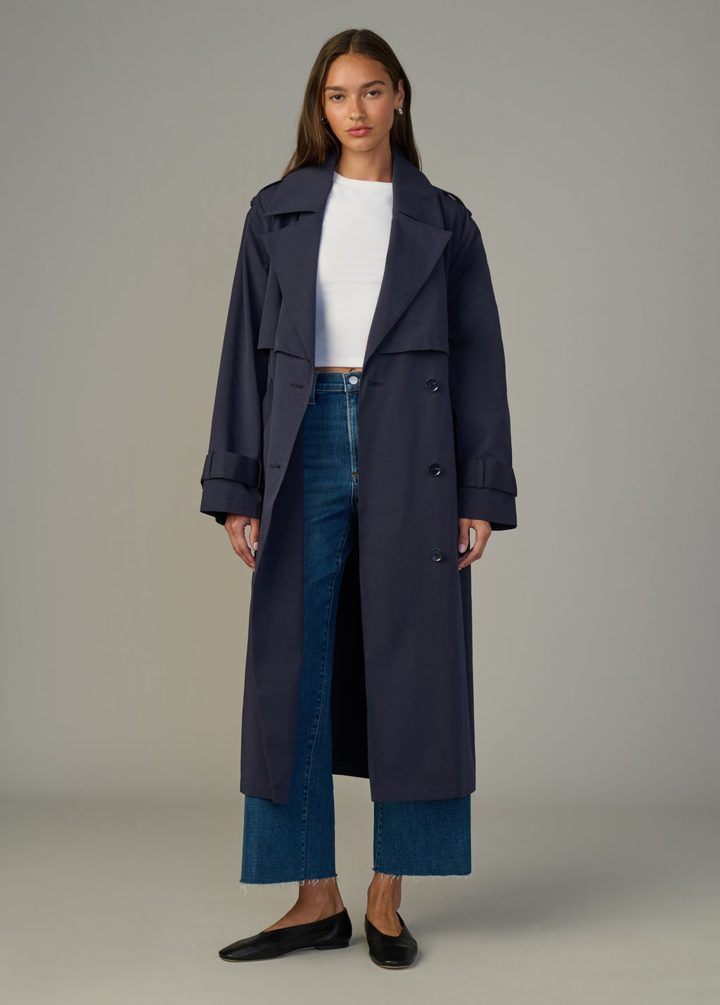 The Elizabeth Trench Coat | Classic Navy Twill Coat with Waist Tie