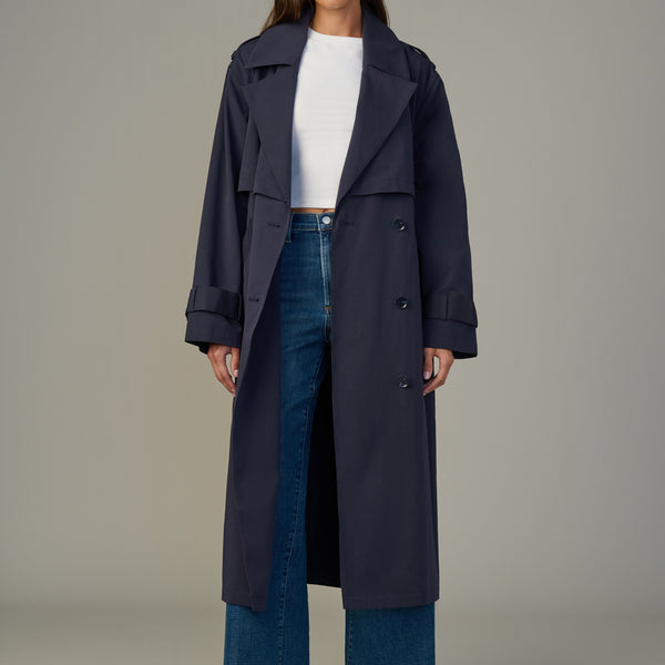The Elizabeth Trench Coat | Classic Navy Twill Coat with Waist Tie