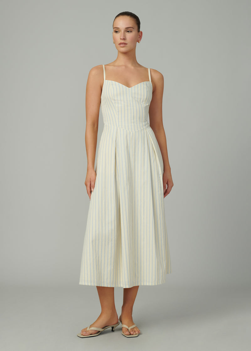 jina pleat waist midi dress ARRANGE premium structured linen pleated waist midi dress with tie back detail in natural