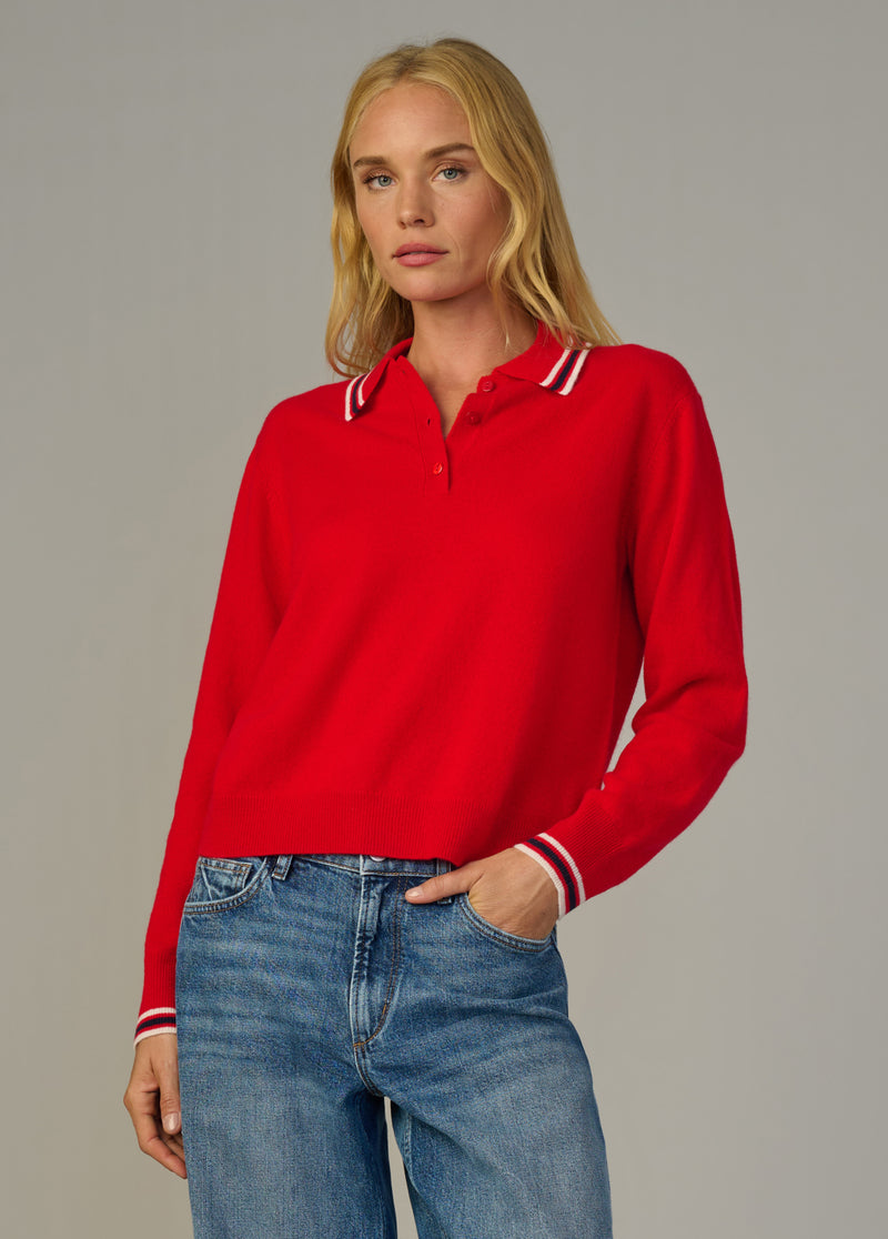 The Long Sleeve Cashmere Polo | Luxe Cherry Red Knit Polo Sweater
