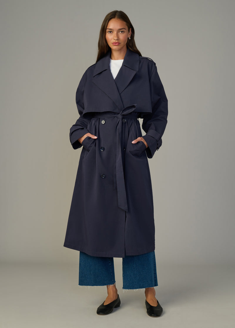 The Elizabeth Trench Coat | Classic Navy Twill Coat with Waist Tie