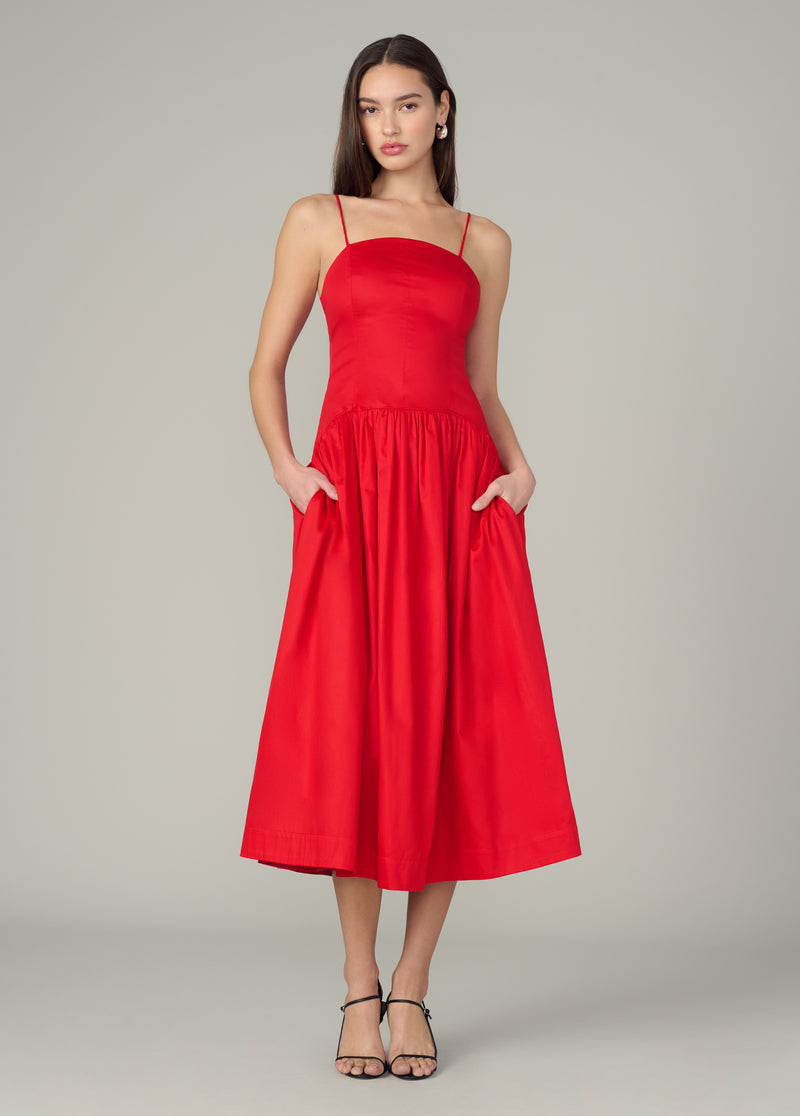 red long midi dress Red Silk Midi Dress: Deep V-neck, Long Sleeve, Front Slit