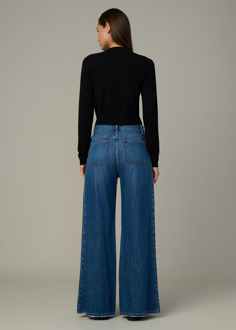 Side Pleat Jean | High Rise Wide Leg Fitted Waist Indigo Denim