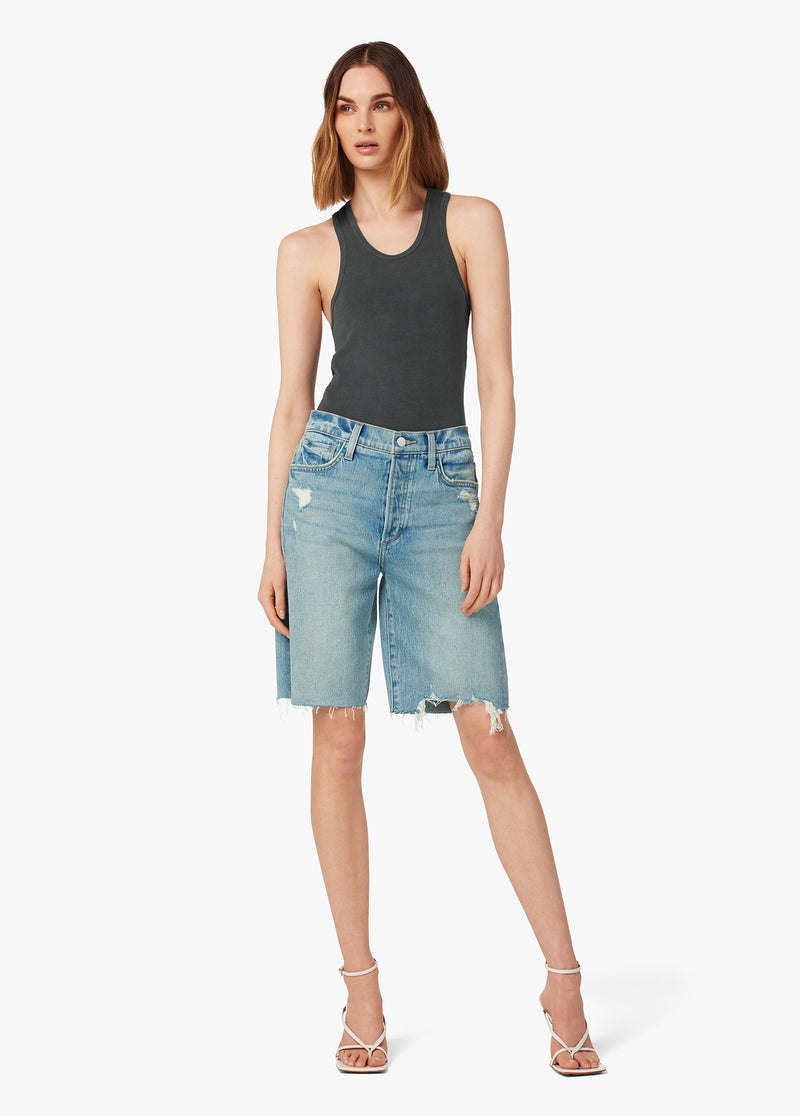 ALLEGRACE Plus Size Bermuda Denim Shorts Women High Waisted Stretchy Ripped  Folded Hem Mid Length Jean Shorts